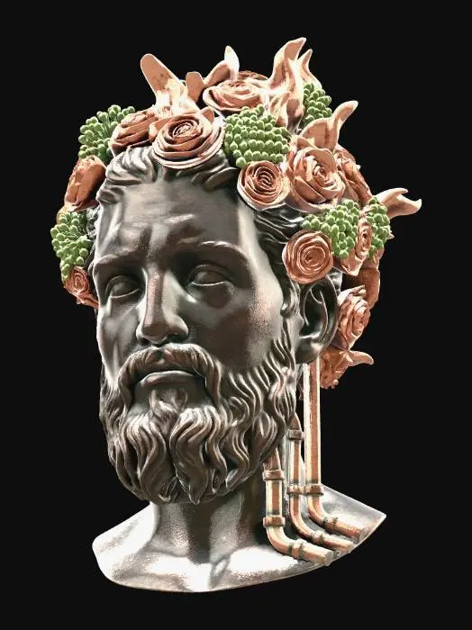 3D model for A dark metal bust of Prometheus. His cranium is on fire, but the 'flames' are composed of a chaotic explosion of orange roses and green viburnum. A few copper pipes run along his neck.