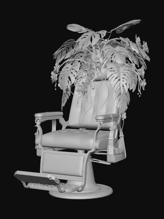 3D model for An old-fashioned dentist’s chair made of rusted iron, with a massive, chaotic "headrest" of dyed-yellow Monstera leaves and cascading pink orchids (like image_2.png). A pair of chunky purple VR goggles hangs from the armrest.