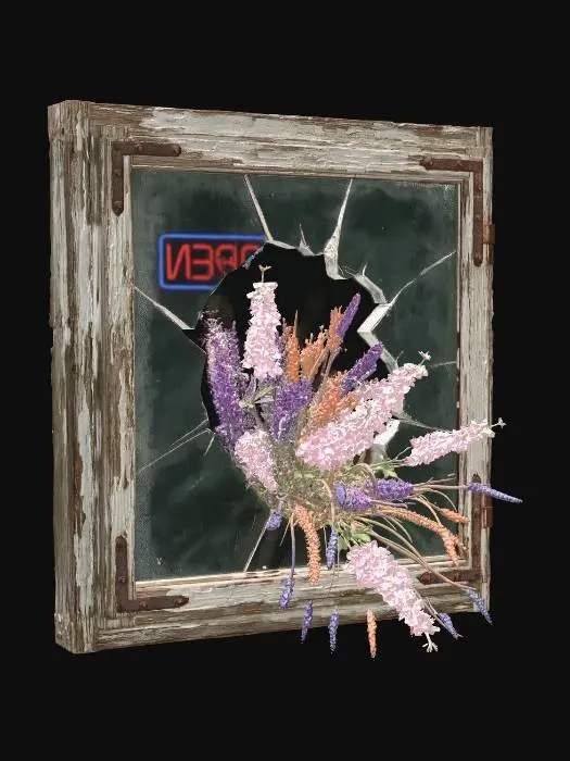 3D model for A broken pane of glass in an old window frame, with a spray of pink delphinium and various dyed weeds spilling through the gap, creating a contrast between natural growth and decay. A faint, distant neon reflection is on the glass.