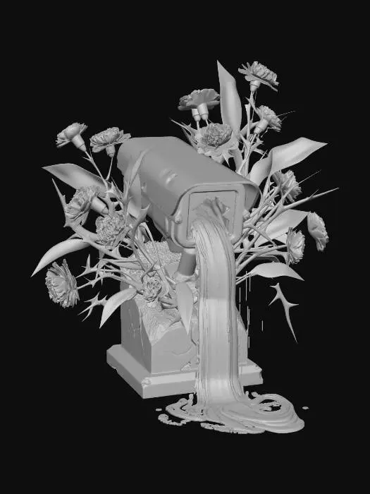 3D model for A deactivated security camera, its lens cracked and leaking a cascade of colorful, digital glitch artifacts. From its base and housing, a 'mutated' floral growth twists outwards: real, deep purple carnations clashing with sharp, black, carbon-fiber foliage and spiky, artificial 'thorn' elements. Fine, almost invisible laser beams occasionally cut through the air around it, adding to the menacing aesthetic.