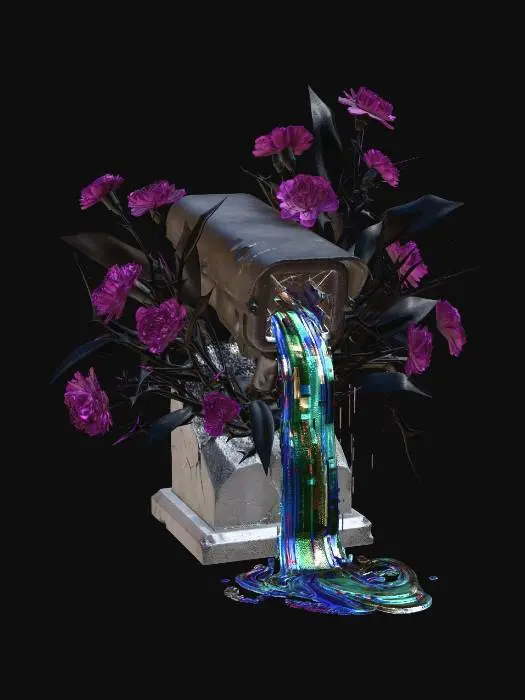 3D model for A deactivated security camera, its lens cracked and leaking a cascade of colorful, digital glitch artifacts. From its base and housing, a 'mutated' floral growth twists outwards: real, deep purple carnations clashing with sharp, black, carbon-fiber foliage and spiky, artificial 'thorn' elements. Fine, almost invisible laser beams occasionally cut through the air around it, adding to the menacing aesthetic.