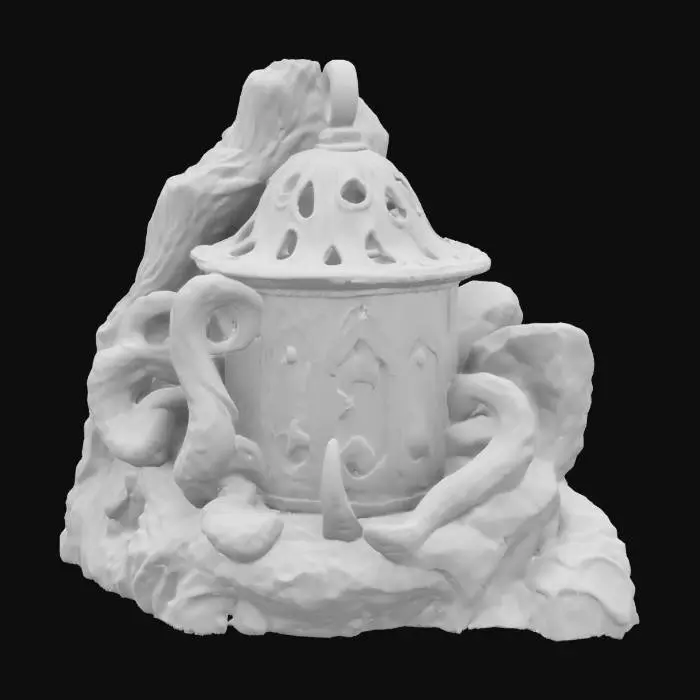 3D model for A dark and mystical Lantern fit for the sea witch of The Little Mermaid, made of rugged ocean rock. The Lantern has a rough, jagged stone texture, with tentacle-like carvings wrapping around its frame. resemble sea creature claws, adorned with eerie glowing gemstones. The Lantern is surrounded by deep-sea elements like seaweed, coral, and eerie bioluminescent plants, creating an ominous underwater atmosphere.