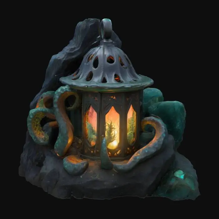 3D model for A dark and mystical Lantern fit for the sea witch of The Little Mermaid, made of rugged ocean rock. The Lantern has a rough, jagged stone texture, with tentacle-like carvings wrapping around its frame. resemble sea creature claws, adorned with eerie glowing gemstones. The Lantern is surrounded by deep-sea elements like seaweed, coral, and eerie bioluminescent plants, creating an ominous underwater atmosphere.