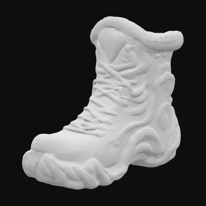 3D model for A dark and mystical energy boot fit for the sea witch of The Little Mermaid, made of rugged ocean rock. The energy boot has a rough, jagged stone texture, with tentacle-like carvings wrapping around its frame. resemble sea creature claws, adorned with eerie glowing gemstones. The energy boot is surrounded by deep-sea elements like seaweed, coral, and eerie bioluminescent plants, creating an ominous underwater atmosphere.