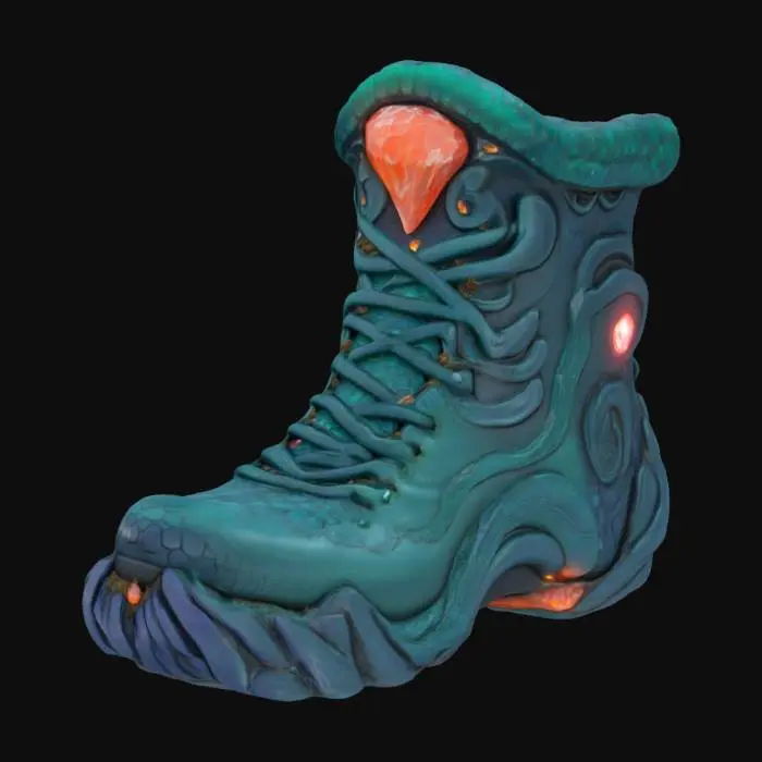 3D model for A dark and mystical energy boot fit for the sea witch of The Little Mermaid, made of rugged ocean rock. The energy boot has a rough, jagged stone texture, with tentacle-like carvings wrapping around its frame. resemble sea creature claws, adorned with eerie glowing gemstones. The energy boot is surrounded by deep-sea elements like seaweed, coral, and eerie bioluminescent plants, creating an ominous underwater atmosphere.