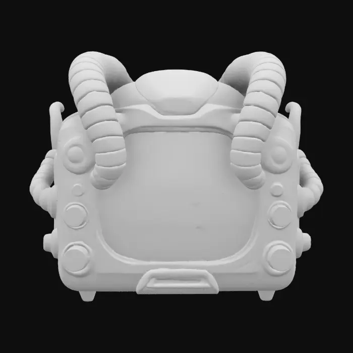 3D model for a futuristic microwave inspired by Ghost in the Shell and Medusa, exaggerated features such as spiraled tentacles horns, sharp angles, fierce and otherworldly, pale pink alien-like bio-skin, glowing neon green highlights certain areas, bioluminescence, sci-fi, cyberpunk, intricate markings and symbols, ceremonial or technological deco, high-tech or fantasy-inspired gear, futuristic or mystical theme