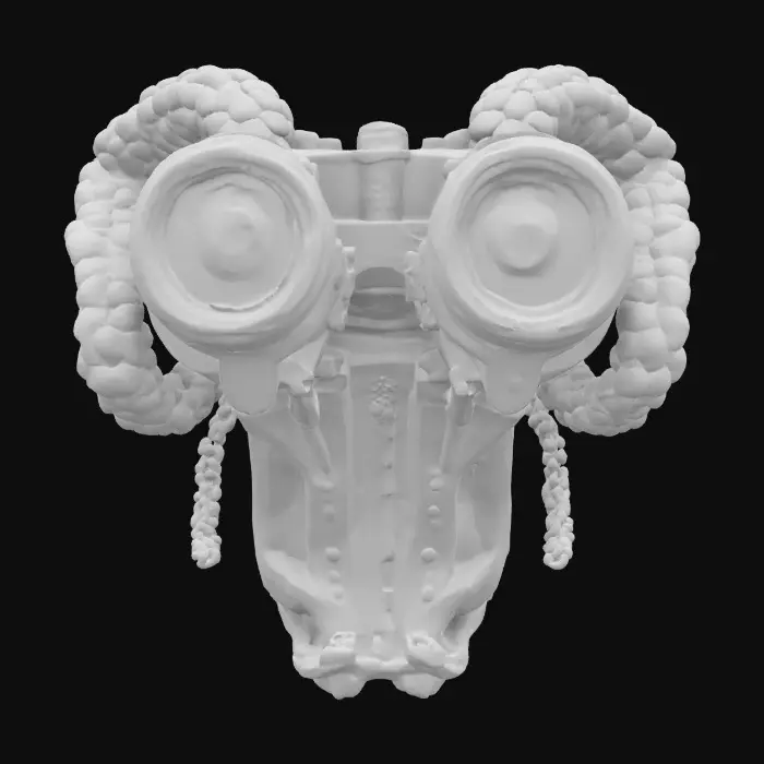 3D model for a futuristic binoculars inspired by Ghost in the Shell and Medusa, exaggerated features such as spiraled tentacles horns, sharp angles, fierce and otherworldly, flesh-toned mix ashen bio-skin, glowing neon green highlights certain areas, bioluminescence, sci-fi, cyberpunk, intricate markings and symbols, ceremonial or technological deco, high-tech or fantasy-inspired gear, futuristic or mystical theme