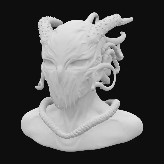 3D model for a futuristic helmet inspired by Ghost in the Shell and Medusa, exaggerated features such as spiraled tentacles horns, sharp angles, fierce and otherworldly, pale pink alien-like bio-skin, glowing neon green highlights certain areas, bioluminescence, sci-fi, cyberpunk, intricate markings and symbols, ceremonial or technological deco, high-tech or fantasy-inspired gear, futuristic or mystical theme