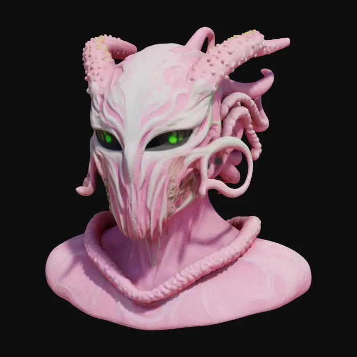 3D model for a futuristic helmet inspired by Ghost in the Shell and Medusa, exaggerated features such as spiraled tentacles horns, sharp angles, fierce and otherworldly, pale pink alien-like bio-skin, glowing neon green highlights certain areas, bioluminescence, sci-fi, cyberpunk, intricate markings and symbols, ceremonial or technological deco, high-tech or fantasy-inspired gear, futuristic or mystical theme
