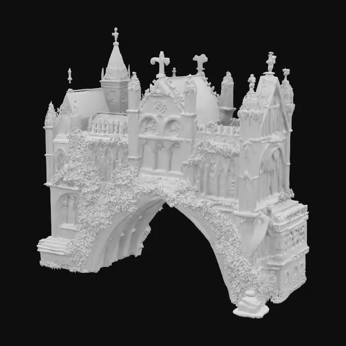 3D model for An energetic gothic bridge overgrown with thorns and flowers, the flowers shining and glowing against sun, mid century, medieval, spring #garden#