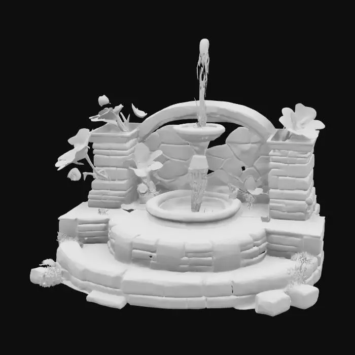 3D model for An energetic fountain overgrown with thorns and flowers, brick and wood, fantasy, the flowers shining and glowing against sun, mid century, medieval, spring #garden#