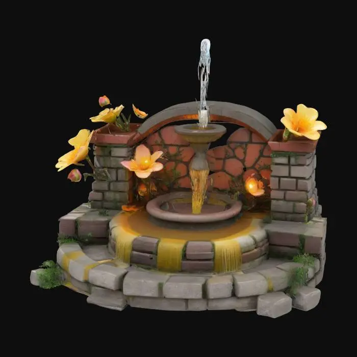 3D model for An energetic fountain overgrown with thorns and flowers, brick and wood, fantasy, the flowers shining and glowing against sun, mid century, medieval, spring #garden#