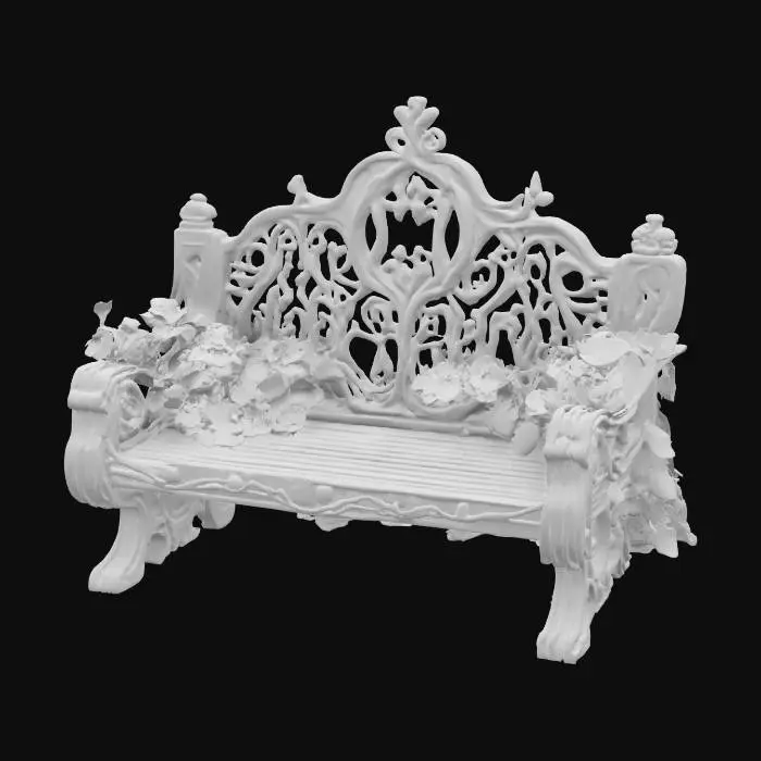 3D model for An energetic gothic bench overgrown with thorns and flowers, the flowers shining and glowing against sun, mid century, medieval, spring #garden#