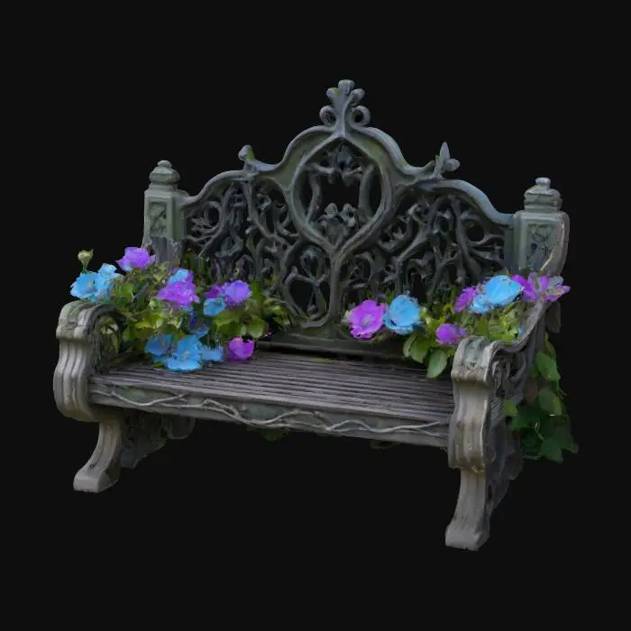 3D model for An energetic gothic bench overgrown with thorns and flowers, the flowers shining and glowing against sun, mid century, medieval, spring #garden#