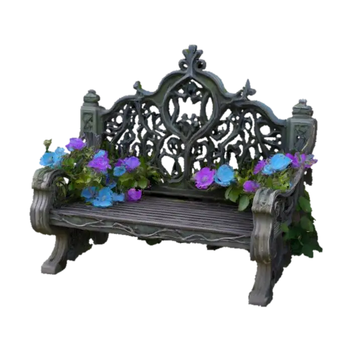 An energetic gothic bench overgrown with thorns and flowers, the flowers shining and glowing against… 的 AI 生成 3D 模型