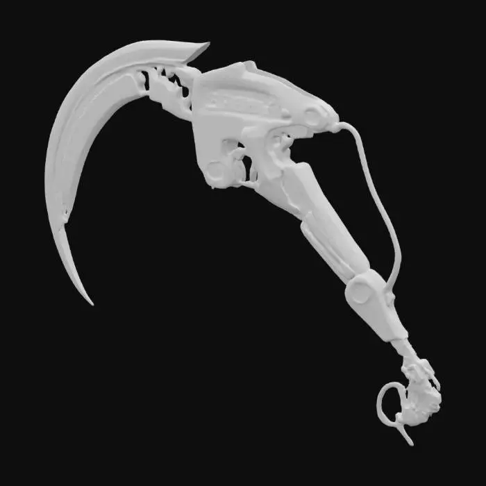 3D model for futuristic scythe module, retro gaming aesthetic, designed to attach to a robot's arm, green and blue colors, sleek and sharp design, high-tech details, minimalistic approach, #arch#