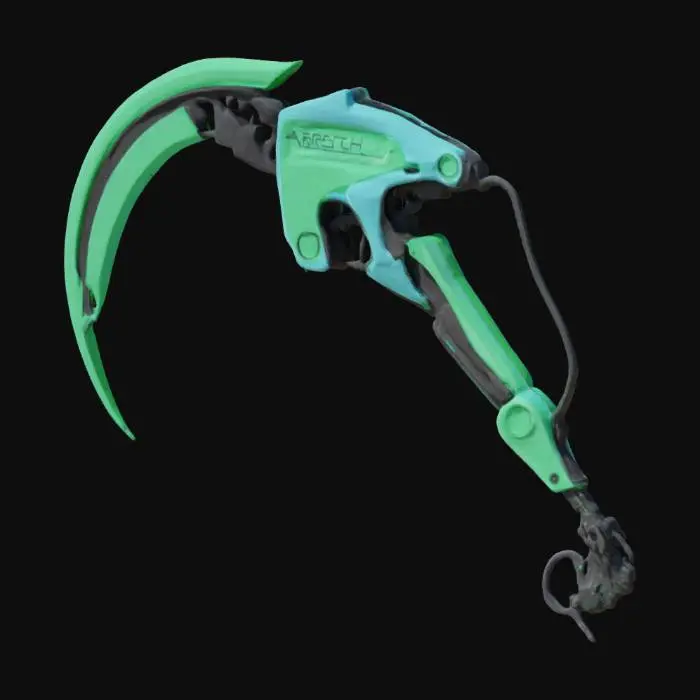 3D model for futuristic scythe module, retro gaming aesthetic, designed to attach to a robot's arm, green and blue colors, sleek and sharp design, high-tech details, minimalistic approach, #arch#