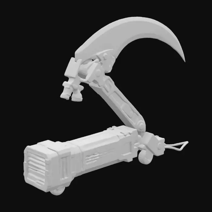 3D model for An angular, high-tech scythe module for a robot arm, blending futuristic and retro elements. The primary cutting surface is a sharp, vibrant lime-green, semi-transparent energy blade, encased within a robust, dark navy-blue chassis. The body features exposed, neatly arranged conduits and ventilation grates in a contrasting bright blue, giving it a detailed yet still minimalistic, almost circuit-board like appearance. #arch#