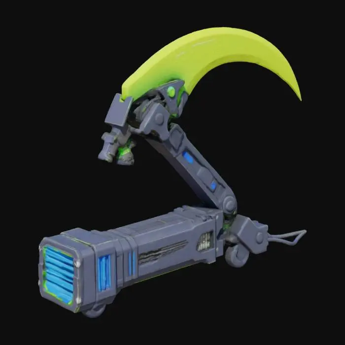 3D model for An angular, high-tech scythe module for a robot arm, blending futuristic and retro elements. The primary cutting surface is a sharp, vibrant lime-green, semi-transparent energy blade, encased within a robust, dark navy-blue chassis. The body features exposed, neatly arranged conduits and ventilation grates in a contrasting bright blue, giving it a detailed yet still minimalistic, almost circuit-board like appearance. #arch#