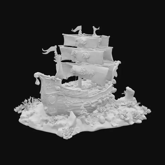 3D model for Hyper-realistic, Mermaid Under-the-Sea Kingdom, ancient pirate ship overflowing with gems, incorporating colors aqua teal and seafoam green and pearl pink and ocean blue, clipart isolated on a white background, #ocean#