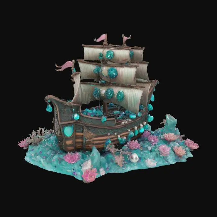 3D model for Hyper-realistic, Mermaid Under-the-Sea Kingdom, ancient pirate ship overflowing with gems, incorporating colors aqua teal and seafoam green and pearl pink and ocean blue, clipart isolated on a white background, #ocean#