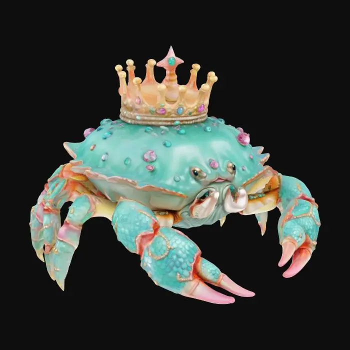 3D model for Hyper-realistic, Mermaid Under-the-Sea Kingdom, ancient king of crab character overflowing with gems, incorporating colors aqua teal and seafoam green and pearl pink and ocean blue, clipart isolated on a white background, #ocean#