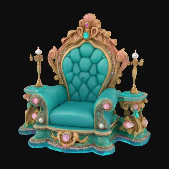3D model for Hyper-realistic, Mermaid Under-the-Sea Kingdom, ancient throne overflowing with gems, incorporating colors aqua teal and seafoam green and pearl pink and ocean blue, clipart isolated on a white background, #ocean#