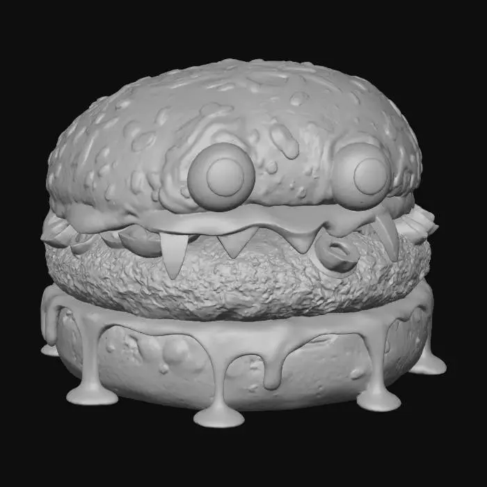3D model for A "Swamp Monster Burger": The burger features a vibrant, almost neon-green bun, slightly irregular in shape, giving it a mossy, monstrous appearance. A thick, gooey, dark purple "slime" sauce oozes from beneath the patty, which is topped with jagged, black olive "teeth" and two large, googly candy eyes peeking from the bun. The overall texture suggests a soft, squishy bog creature with a surprisingly savory bite.
