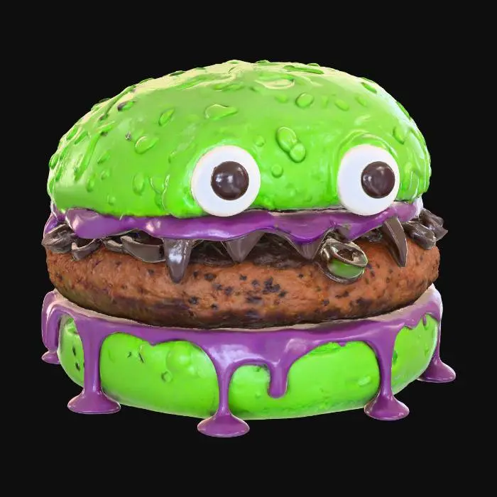 3D model for A "Swamp Monster Burger": The burger features a vibrant, almost neon-green bun, slightly irregular in shape, giving it a mossy, monstrous appearance. A thick, gooey, dark purple "slime" sauce oozes from beneath the patty, which is topped with jagged, black olive "teeth" and two large, googly candy eyes peeking from the bun. The overall texture suggests a soft, squishy bog creature with a surprisingly savory bite.
