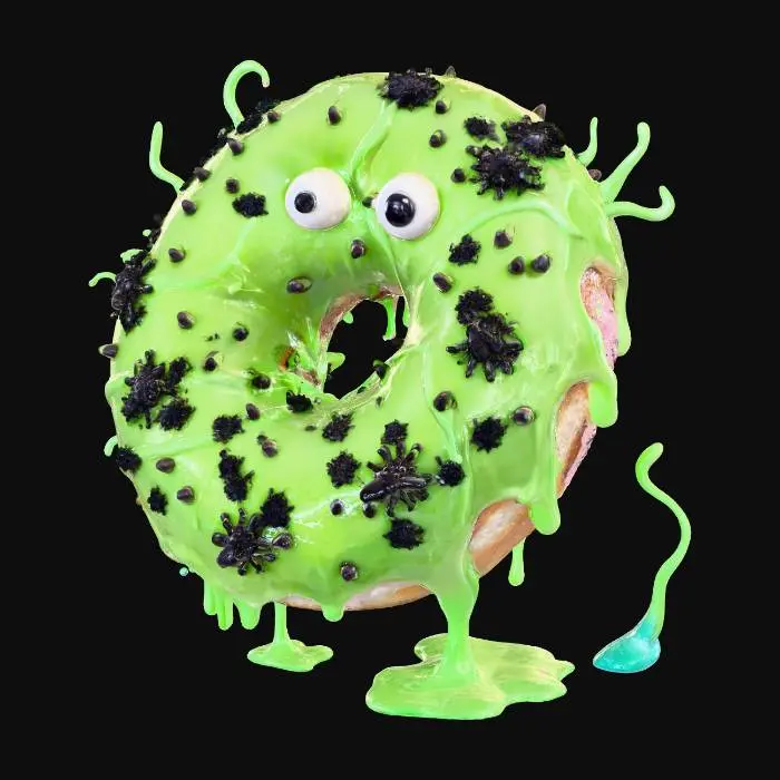 3D model for The "Slime Creature Donut": A large, yeast-raised donut is completely covered in a thick, translucent, glowing green glaze that drips down the sides, mimicking ooze. Two oversized, googly candy eyes are haphazardly stuck on top, giving it a bewildered yet cute expression. Small, edible "bug" sprinkles (black sugar crystals or chocolate chips) are embedded in the glaze. The texture is soft, chewy donut with a sticky, sweet glaze.