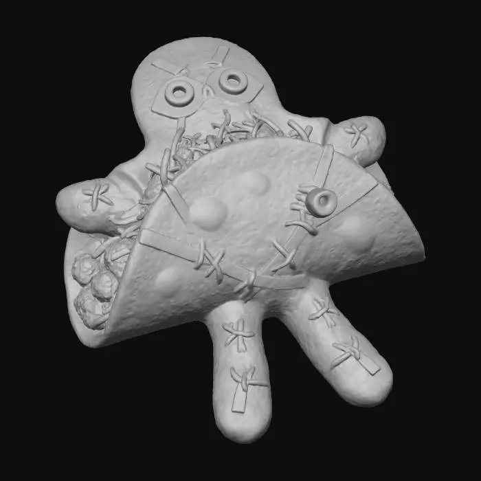 3D model for A "Voodoo Doll Taco": A soft corn tortilla, dyed a muted, earthy brown or dark blue, is folded into a vaguely humanoid shape. It's filled with shredded purple cabbage and spicy red chorizo. Thin, crispy tortilla strips, dyed dark red, are "stitched" across its "body" with edible black icing, while two black olive halves serve as button eyes. A tiny "pin" (a toothpick with a green olive) is strategically placed., #Halloween2025#