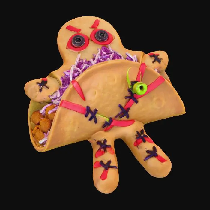 3D model for A "Voodoo Doll Taco": A soft corn tortilla, dyed a muted, earthy brown or dark blue, is folded into a vaguely humanoid shape. It's filled with shredded purple cabbage and spicy red chorizo. Thin, crispy tortilla strips, dyed dark red, are "stitched" across its "body" with edible black icing, while two black olive halves serve as button eyes. A tiny "pin" (a toothpick with a green olive) is strategically placed., #Halloween2025#