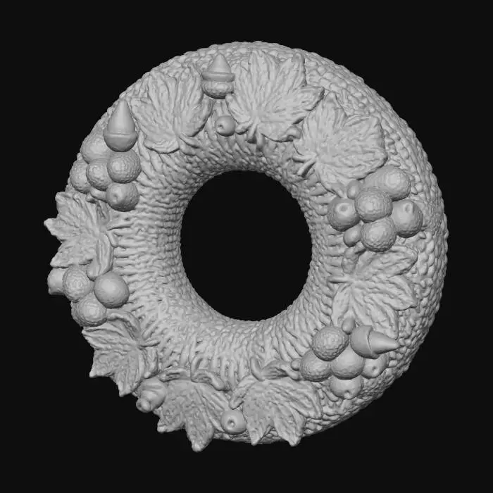 3D model for A quaint knitted mini-wreath, about 10 inches in diameter, perfect for a small door or wall accent during Thanksgiving. Constructed from a chunky blend of moss green and deep red wool, its base is knitted, then adorned with individually knitted maple leaves, acorns, and small, plump berries. Its multi-textured surface creates a welcoming, rustic, and full-bodied autumn charm.