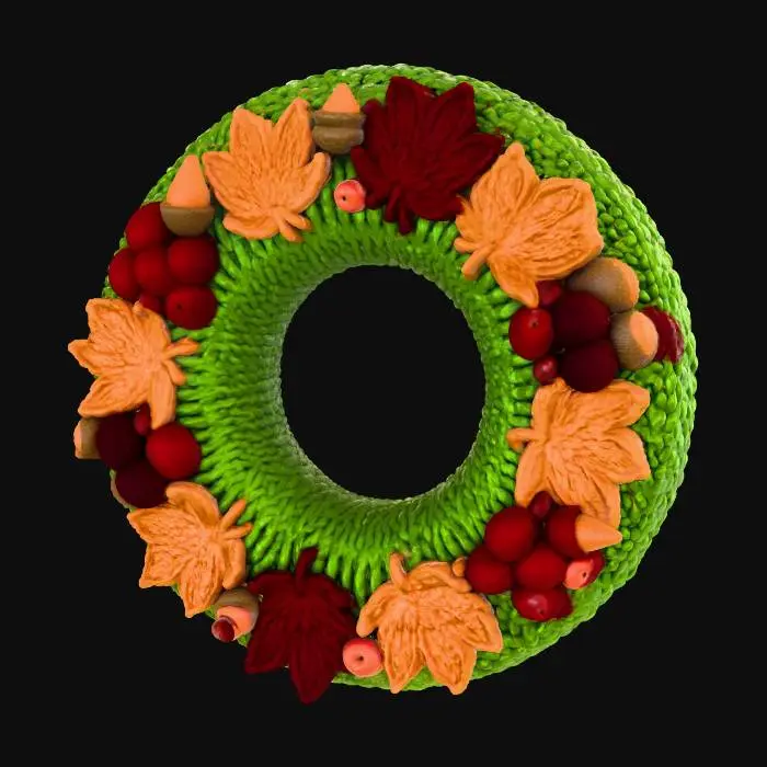 3D model for A quaint knitted mini-wreath, about 10 inches in diameter, perfect for a small door or wall accent during Thanksgiving. Constructed from a chunky blend of moss green and deep red wool, its base is knitted, then adorned with individually knitted maple leaves, acorns, and small, plump berries. Its multi-textured surface creates a welcoming, rustic, and full-bodied autumn charm.