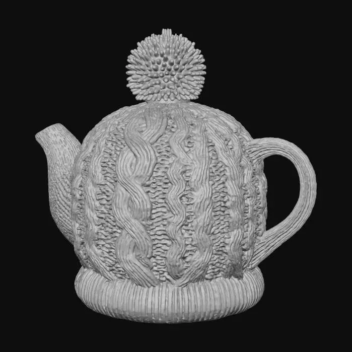 3D model for A traditional knitted teapot cozy, ensuring your tea stays warm during Thanksgiving gatherings. Designed to fit a standard 4-cup teapot, it's meticulously hand-knitted from a thick, insulating cream-colored wool blend yarn. The cozy features a classic cable knit pattern across its body and a neat, snug fit, providing both charming aesthetics and excellent heat retention for your festive brews.