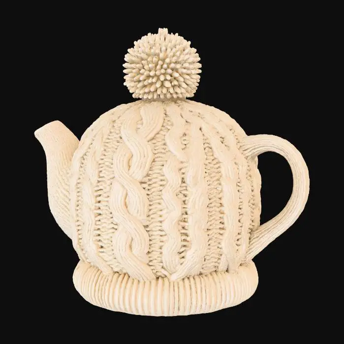 3D model for A traditional knitted teapot cozy, ensuring your tea stays warm during Thanksgiving gatherings. Designed to fit a standard 4-cup teapot, it's meticulously hand-knitted from a thick, insulating cream-colored wool blend yarn. The cozy features a classic cable knit pattern across its body and a neat, snug fit, providing both charming aesthetics and excellent heat retention for your festive brews.