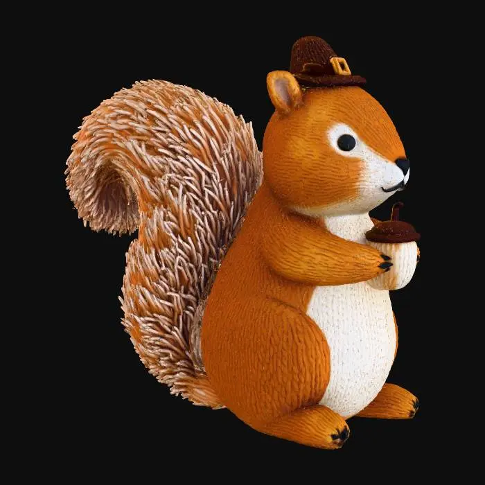 3D model for A whimsical knitted squirrel figurine, approximately 6 inches tall, designed as a playful Thanksgiving centerpiece accent. Handcrafted from soft, variegated brown and cream acrylic yarn, it features a fluffy, curled tail and tiny embroidered eyes. Stuffed firmly for freestanding display, this charming woodland creature adds a touch of cozy, rustic delight to your holiday setting.
