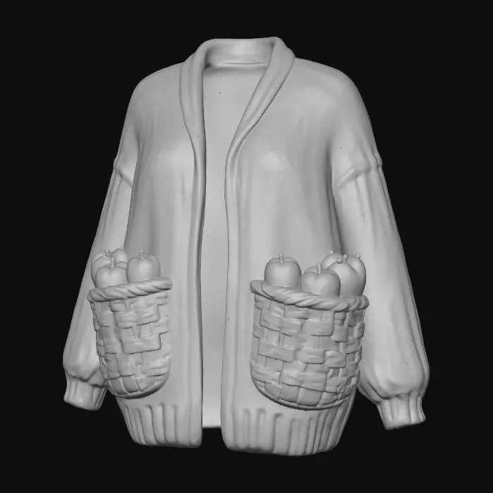 3D model for A cozy knitted cardigan with uniquely shaped pockets that mimic miniature **harvest baskets**. Each pocket is intricately knitted in a sturdy basketweave pattern from natural flax-colored cotton yarn, with small, soft knitted **apples and pumpkins** peeking out. The cardigan itself is a warm, olive-green chunky knit with ribbed cuffs and hem. #Thanksgiving#