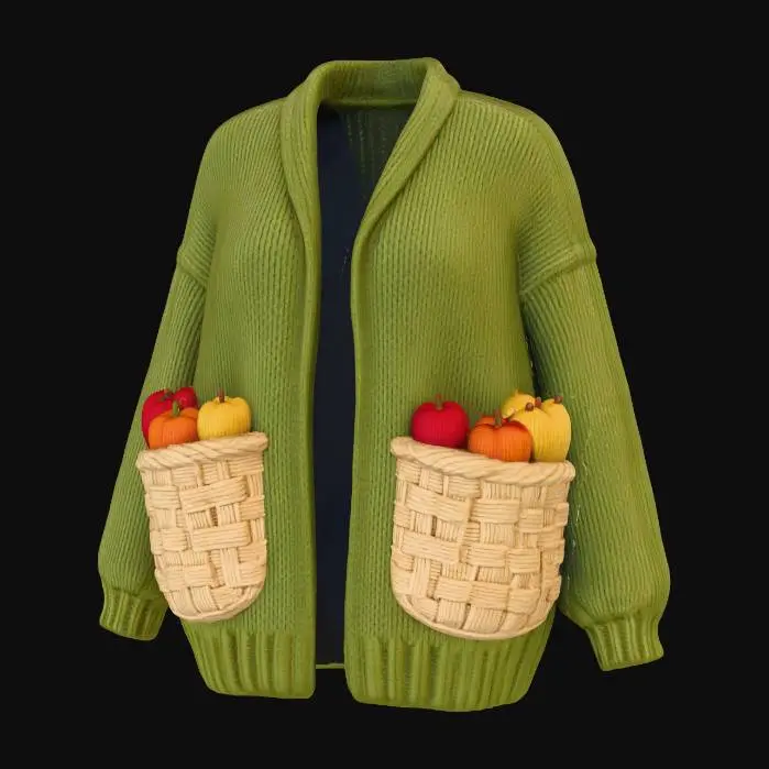 3D model for A cozy knitted cardigan with uniquely shaped pockets that mimic miniature **harvest baskets**. Each pocket is intricately knitted in a sturdy basketweave pattern from natural flax-colored cotton yarn, with small, soft knitted **apples and pumpkins** peeking out. The cardigan itself is a warm, olive-green chunky knit with ribbed cuffs and hem. #Thanksgiving#