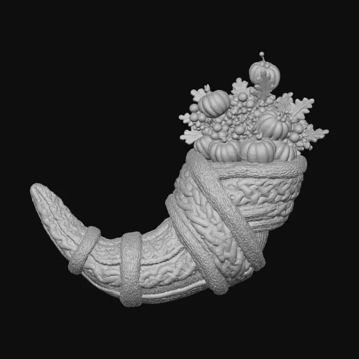 3D model for A luxurious knitted scarf, designed as an oversized, elongated **cornucopia**, symbolizing abundance. It begins narrowly and gradually widens, beautifully textured with cable and seed stitches in a blend of rich cream and earthy brown wool. The wide end is artfully filled with small, densely knitted **berries, gourds, and autumn leaves** in vibrant seasonal colors. #Thanksgiving#