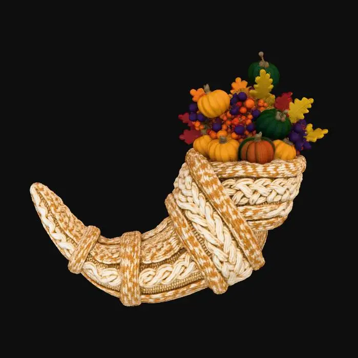 3D model for A luxurious knitted scarf, designed as an oversized, elongated **cornucopia**, symbolizing abundance. It begins narrowly and gradually widens, beautifully textured with cable and seed stitches in a blend of rich cream and earthy brown wool. The wide end is artfully filled with small, densely knitted **berries, gourds, and autumn leaves** in vibrant seasonal colors. #Thanksgiving#