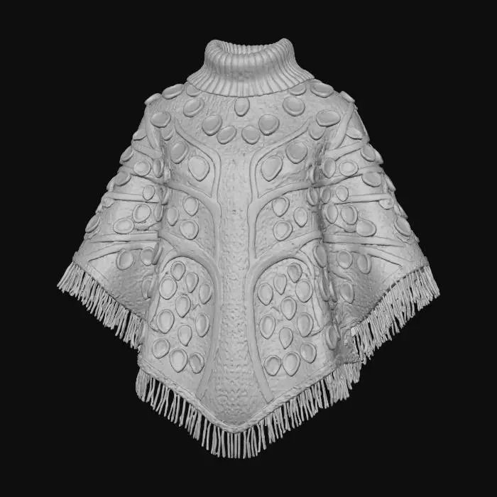 3D model for A captivating knitted poncho, designed as a wearable "Gratitude Tree." The main body is a rich, textured brown wool blend, forming a tree trunk and branches. Attached are numerous small, flat knitted **autumn leaves** in various fall hues, each designed with space for a tiny embroidered word or initial, symbolizing individual thanks. This creates an interactive, evolving tapestry of gratitude. #Thanksgiving#