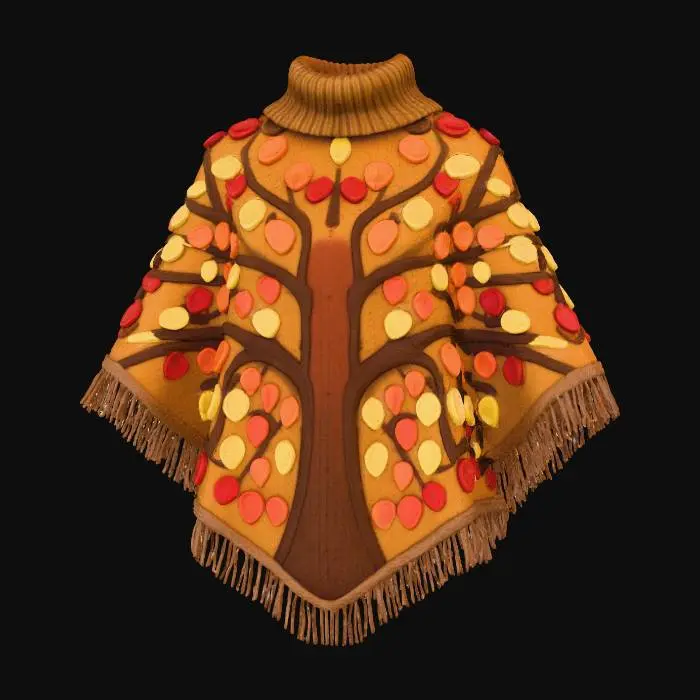 3D model for A captivating knitted poncho, designed as a wearable "Gratitude Tree." The main body is a rich, textured brown wool blend, forming a tree trunk and branches. Attached are numerous small, flat knitted **autumn leaves** in various fall hues, each designed with space for a tiny embroidered word or initial, symbolizing individual thanks. This creates an interactive, evolving tapestry of gratitude. #Thanksgiving#