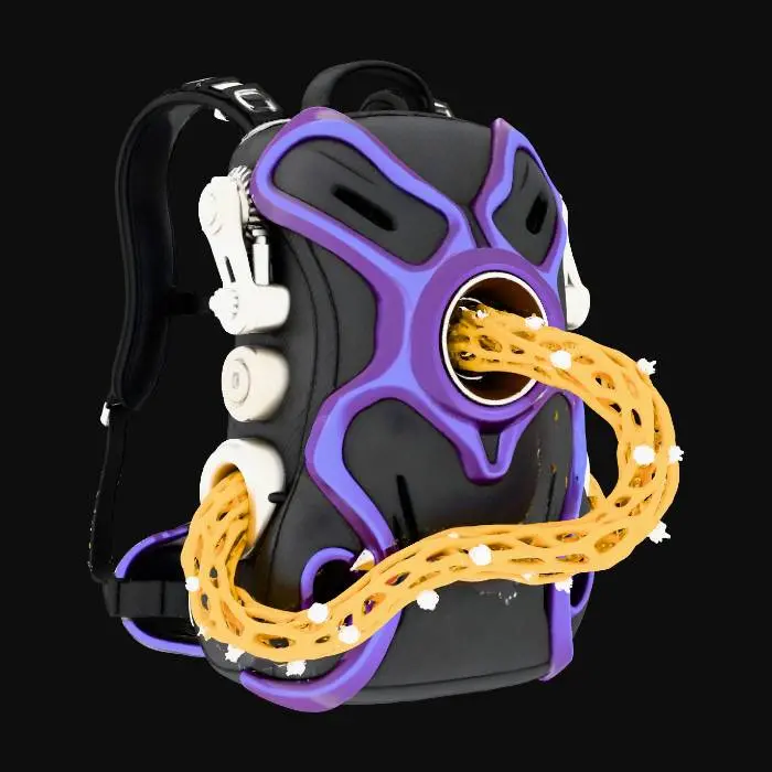 3D model for A **grappling vine generator**, worn as a backpack. The main unit is a matte carbon fiber casing with rigid, glossy iridescent plastic accents in deep purple. It ejects a flexible, rubberized "vine" in bright yellow, textured like fungal hyphae, studded with small, glowing crystals that provide grip. Brushed metallic mechanisms control retraction and tension.