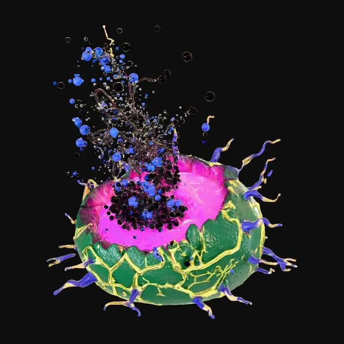 3D model for A **specialized ink bomb/grenade**, shaped like a bursting spore sac. Its outer shell is a matte, slightly textured ceramic in a deep forest green, with rigid, glossy iridescent plastic veins in electric yellow running across its surface. The core is a semi-transparent, pulsating gel that glows with hot pink light, designed to rupture upon impact, releasing a cloud of ink and smaller, flexible rubberized spore-like particles.
