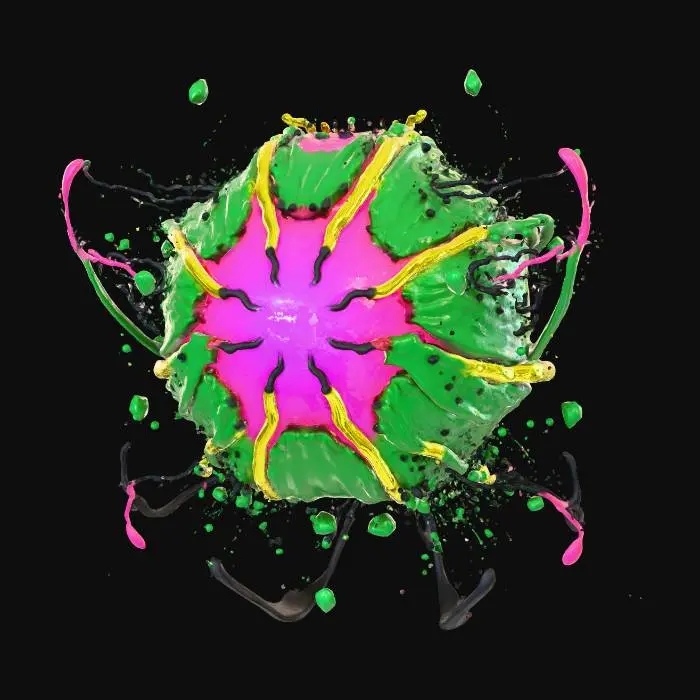 3D model for A **specialized ink bomb/grenade**, shaped like a bursting spore sac. Its outer shell is a matte, slightly textured ceramic in a deep forest green, with rigid, glossy iridescent plastic veins in electric yellow running across its surface. The core is a semi-transparent, pulsating gel that glows with hot pink light, designed to rupture upon impact, releasing a cloud of ink and smaller, flexible rubberized spore-like particles.