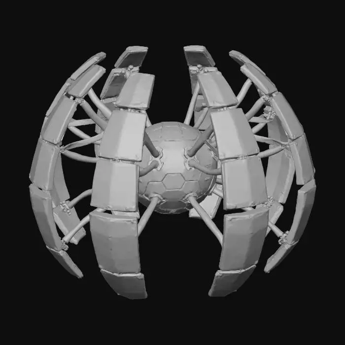 3D model for A **deployable energy barrier emitter**, resembling a hardened spore pod that unfurls. The central core is a heavy, sandblasted metallic sphere with carbon fiber textured segments. When activated, rigid, glossy iridescent plastic panels in electric blue expand, connected by flexible, translucent gel conduits that pulse with light, projecting a vibrant force field.