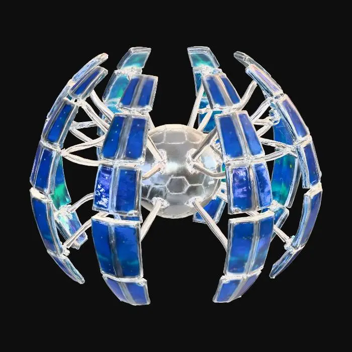 3D model for A **deployable energy barrier emitter**, resembling a hardened spore pod that unfurls. The central core is a heavy, sandblasted metallic sphere with carbon fiber textured segments. When activated, rigid, glossy iridescent plastic panels in electric blue expand, connected by flexible, translucent gel conduits that pulse with light, projecting a vibrant force field.