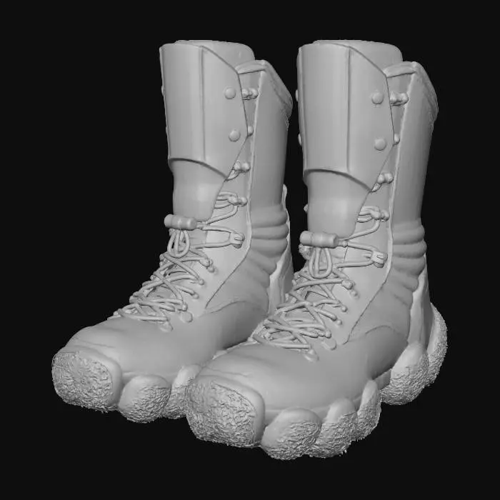 3D model for A pair of **utility boots** with soles designed as segmented, adhesive fungal pads. The upper is made of a durable, matte plastic in hot pink, with rigid, glossy iridescent plastic plating on the shins in lime green. The flexible rubberized ankle support offers excellent mobility, while brushed metallic eyelets and toggles secure the fit.