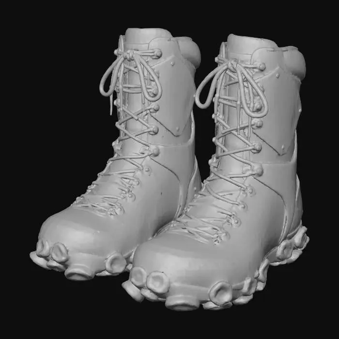 3D model for A pair of **utility boots** with soles designed as segmented, adhesive fungal pads. The upper is made of a durable, matte plastic in hot pink, with rigid, glossy iridescent plastic plating on the shins in lime green. The flexible rubberized ankle support offers excellent mobility, while brushed metallic eyelets and toggles secure the fit.